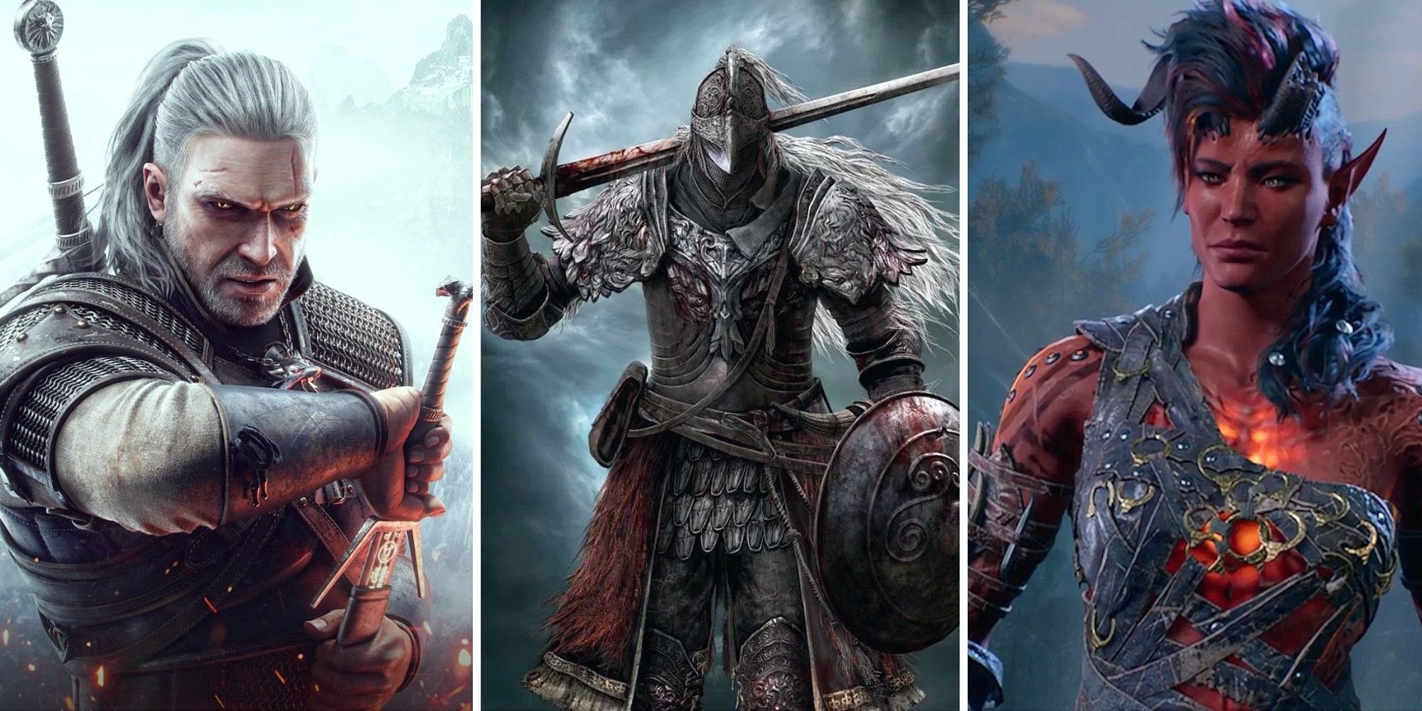Goty list mash-up with Witcher 3 Geralt, Elden Ring Tarnished, and Baldur's Gate 3 Karlach