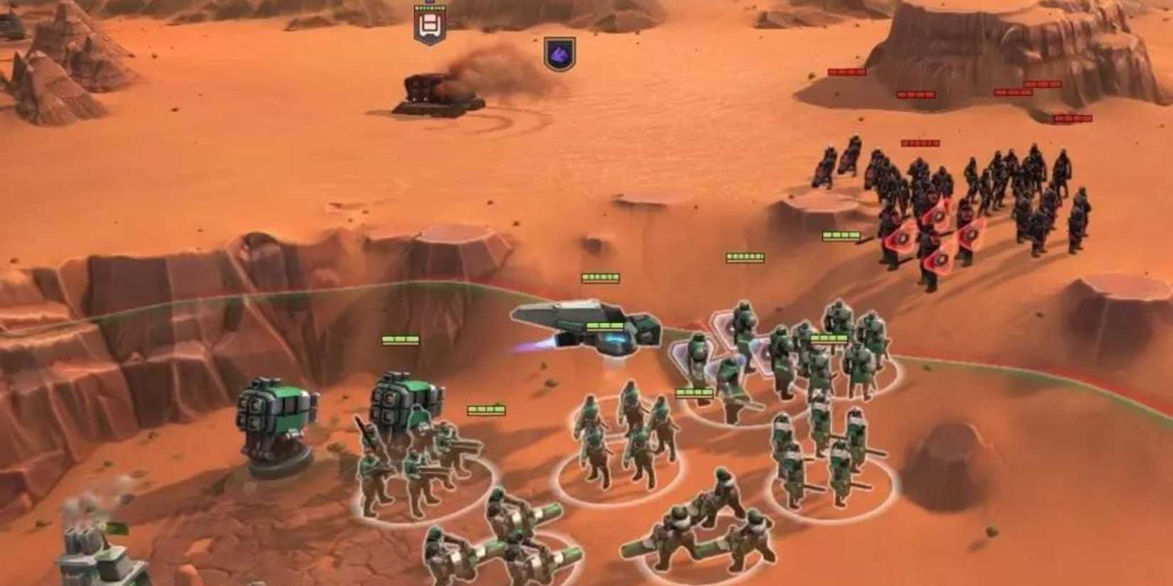 Screenshot from the Dune: Spice Wars (2022) game showing groups of soldiers attacking enemies