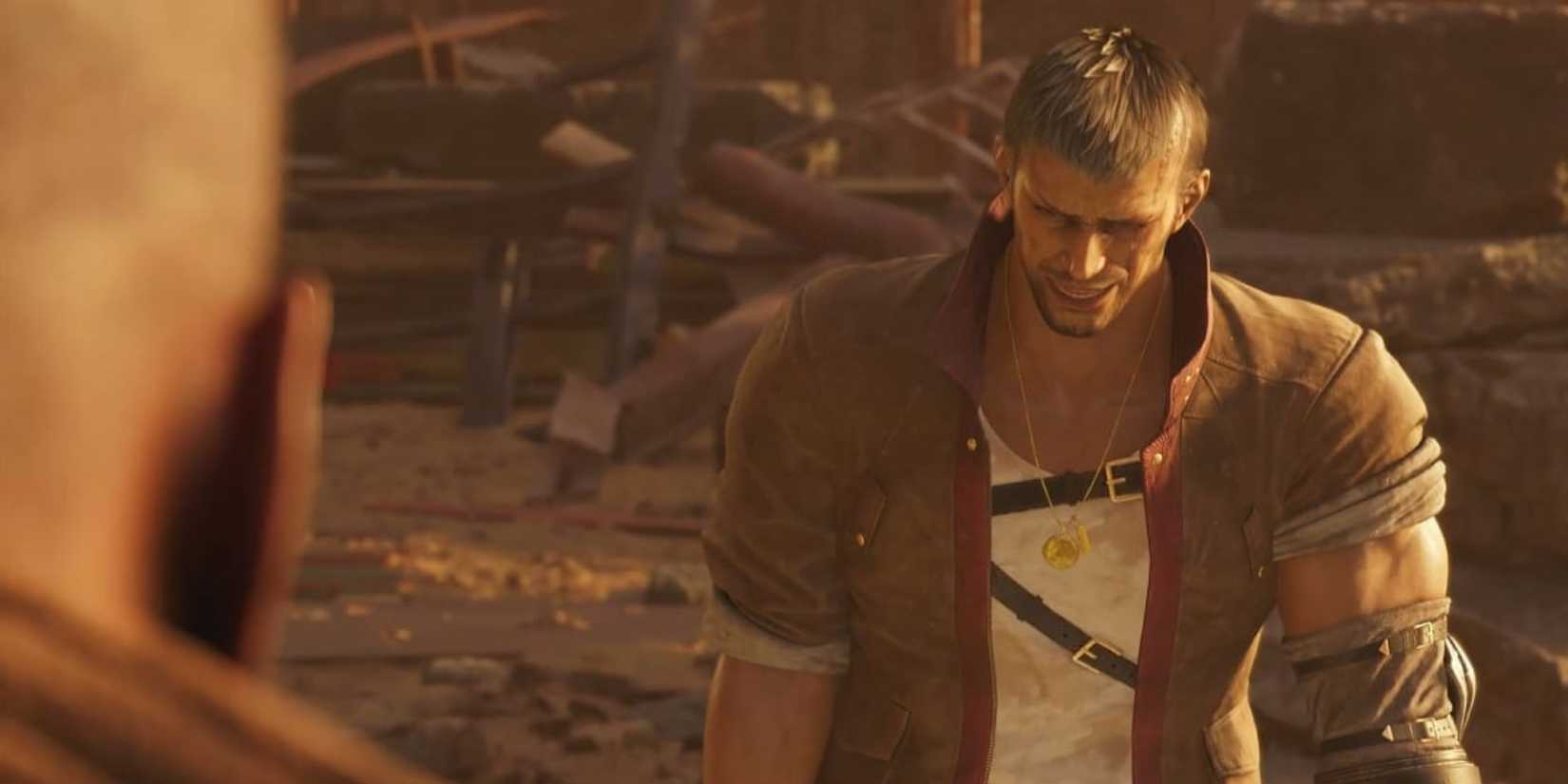 Still of Dyne with a gun arm standing in front of Barret in Final Fantasy 7 Rebirth