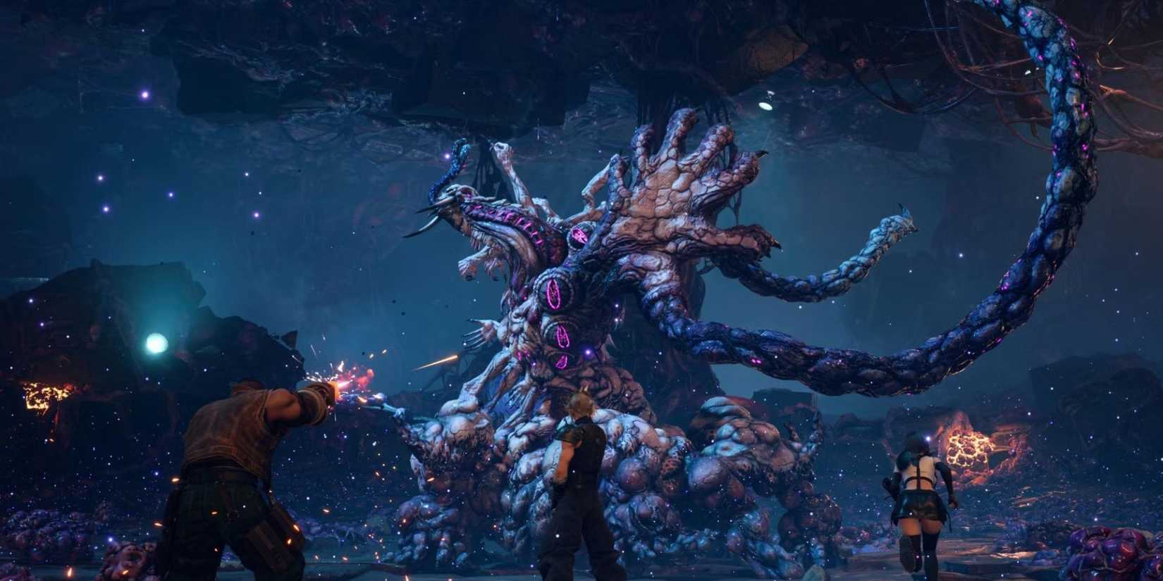 Still of Barret, Cloud, and Tifa attacking the Jenova Emergent in Final Fantasy 7 Rebirth