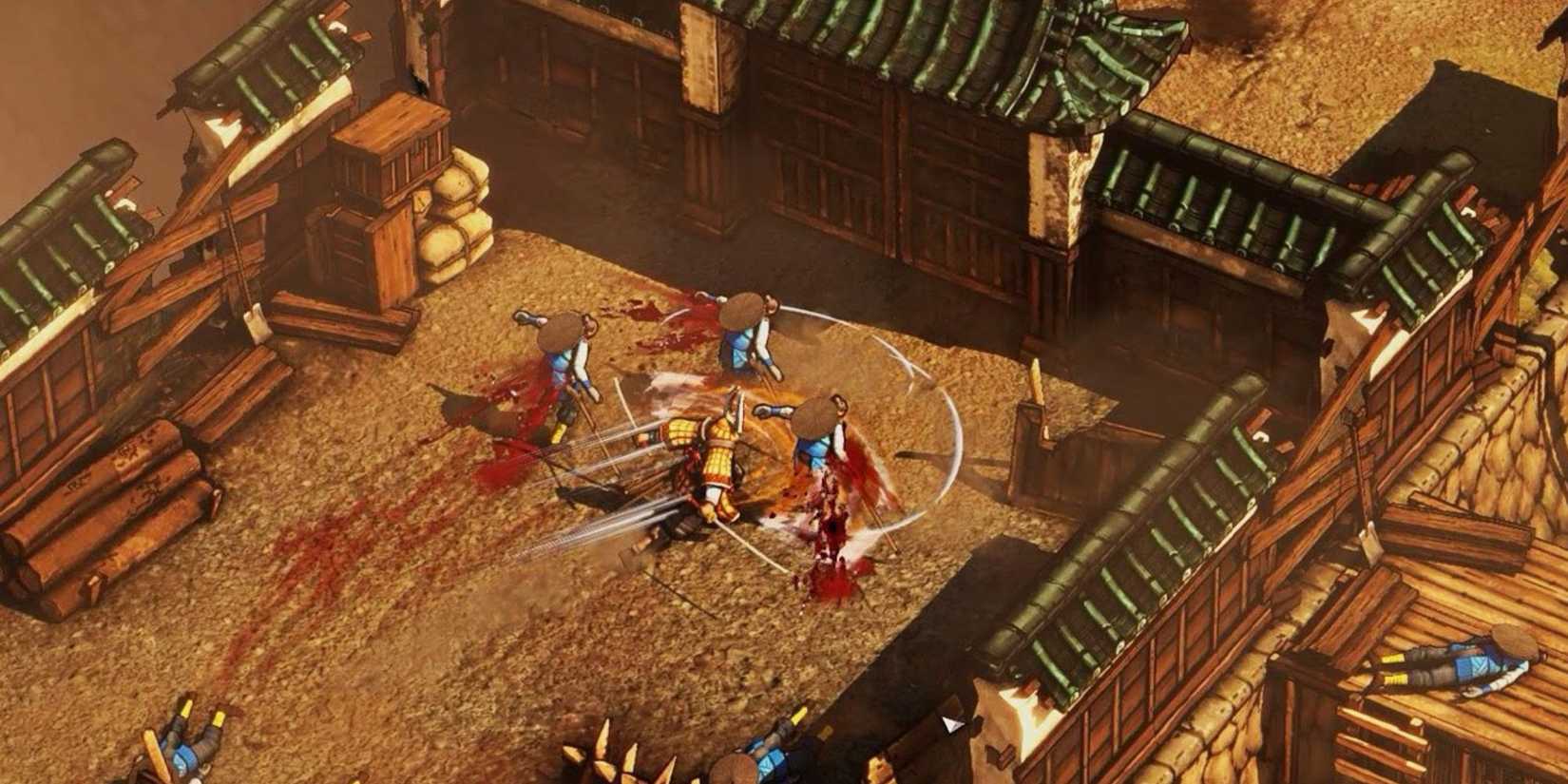  Blades of the Shogun of a samurai slicing through three enemies at a gate.
