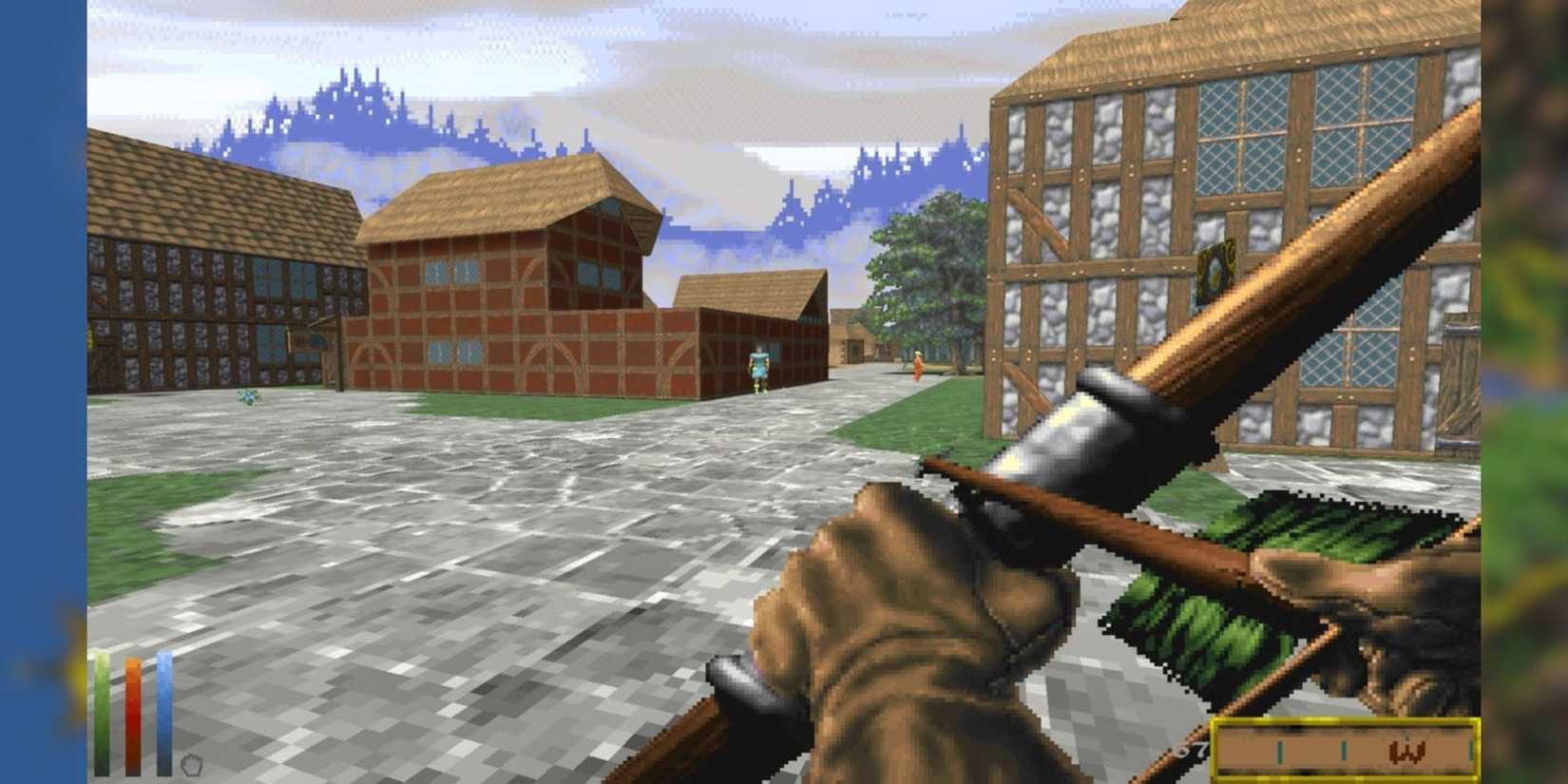 Screenshot from The Elder Scrolls 2: Daggerfall of a bow and arrow in first-person perspective