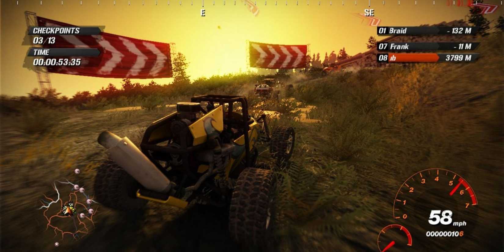 Screenshot from Fuel of a off-road jeep in front of arrow signs