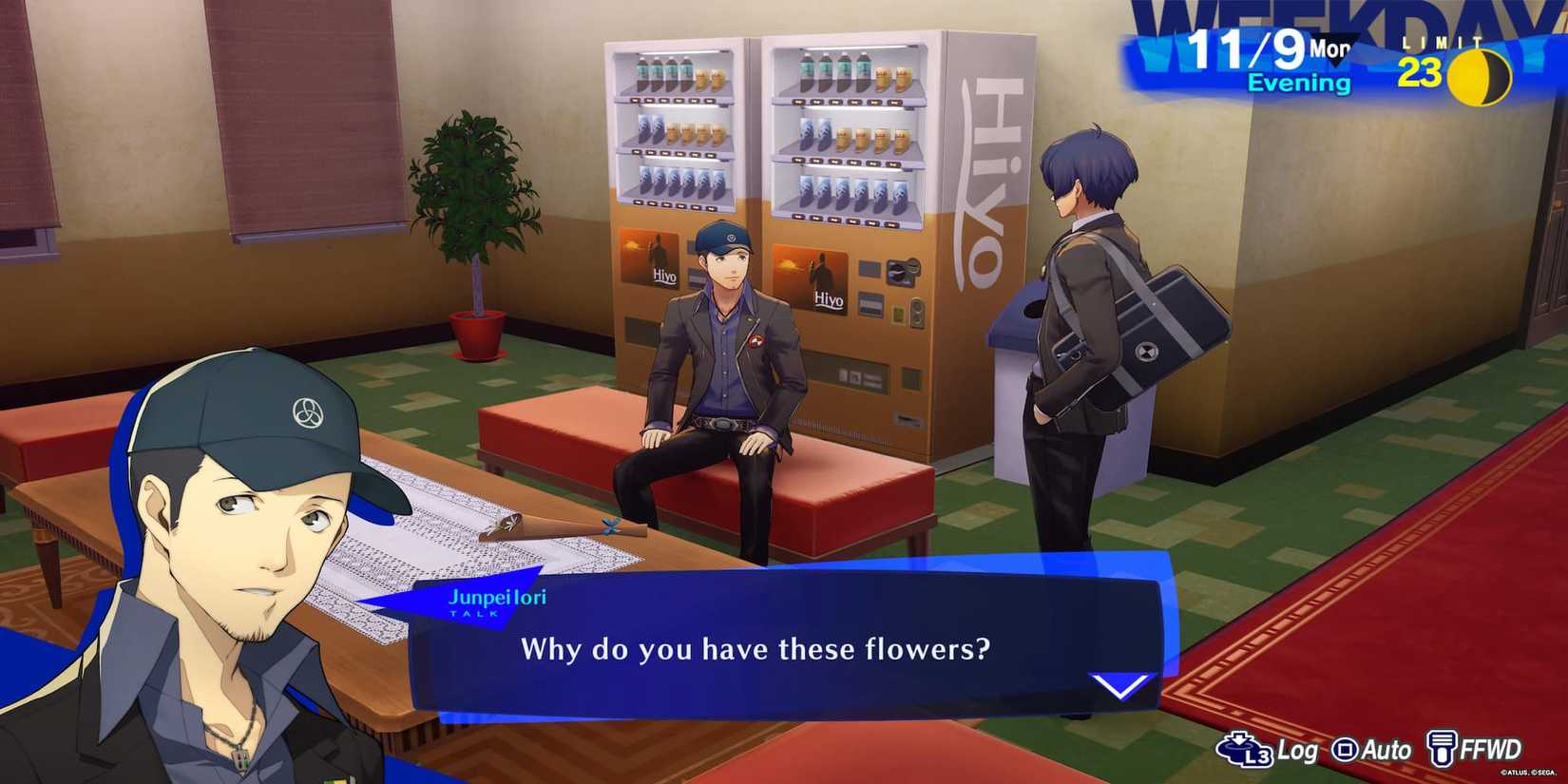 Player giving flowers to Junpei 