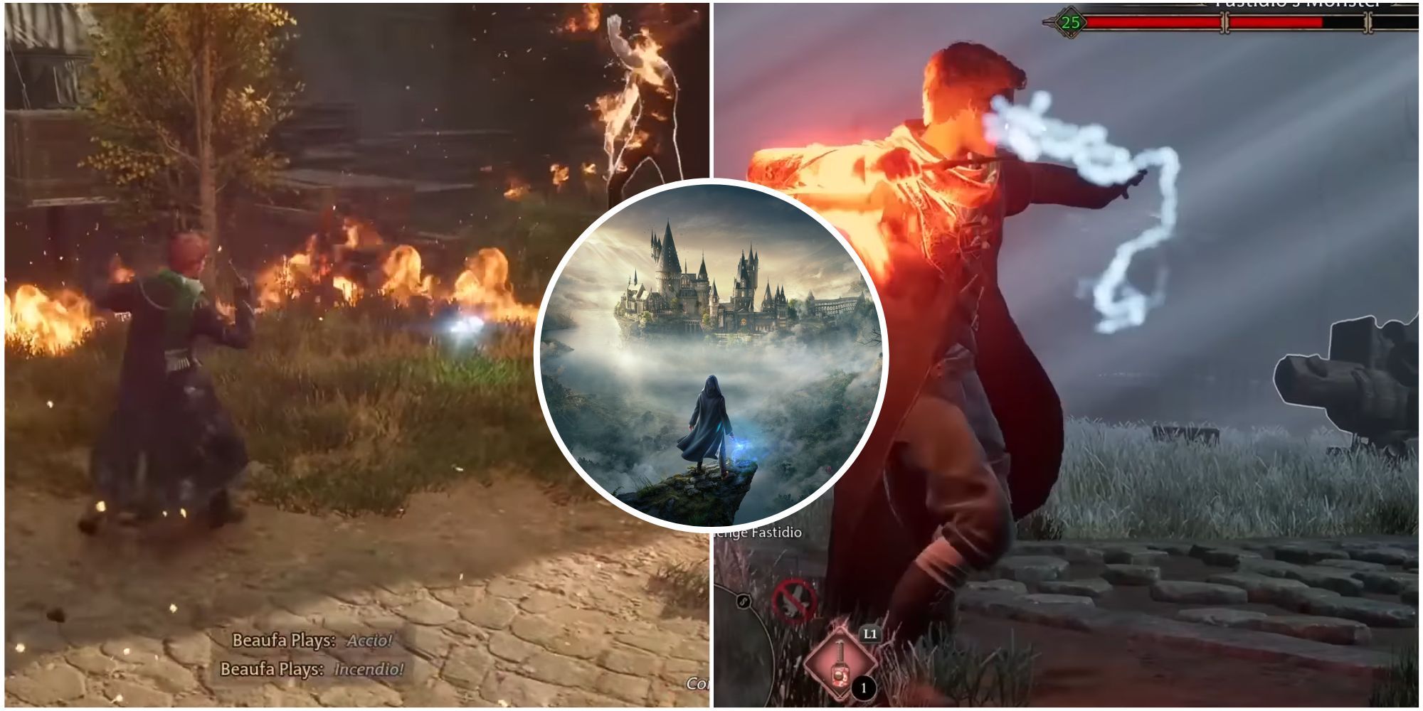 Featured image for Hogwarts Legacy showcasing the character using spells and curse.