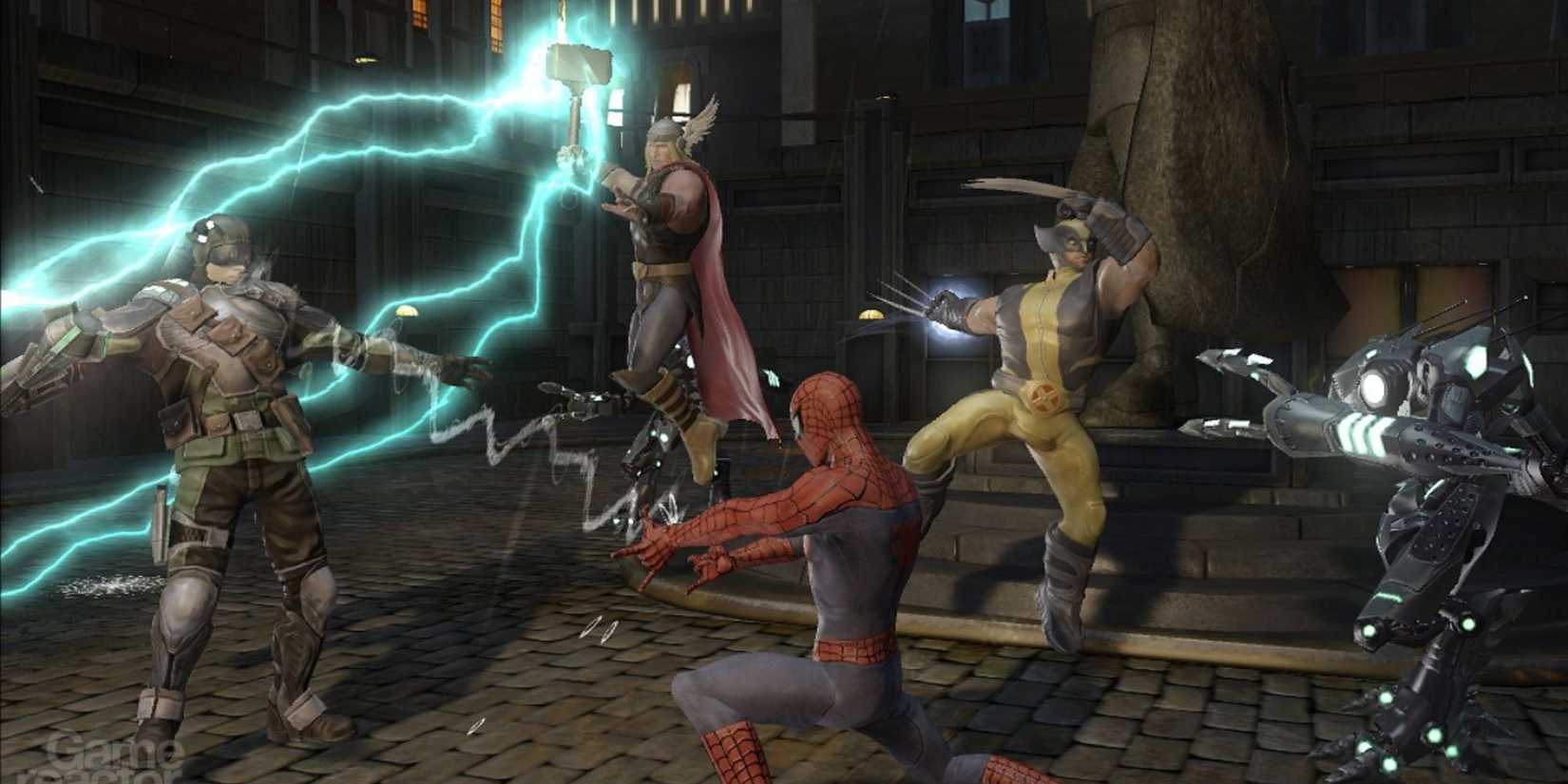 Screenshot from Marvel Ultimate Alliance 2 of Spider-Man, Wolverine and more throwing power moves.