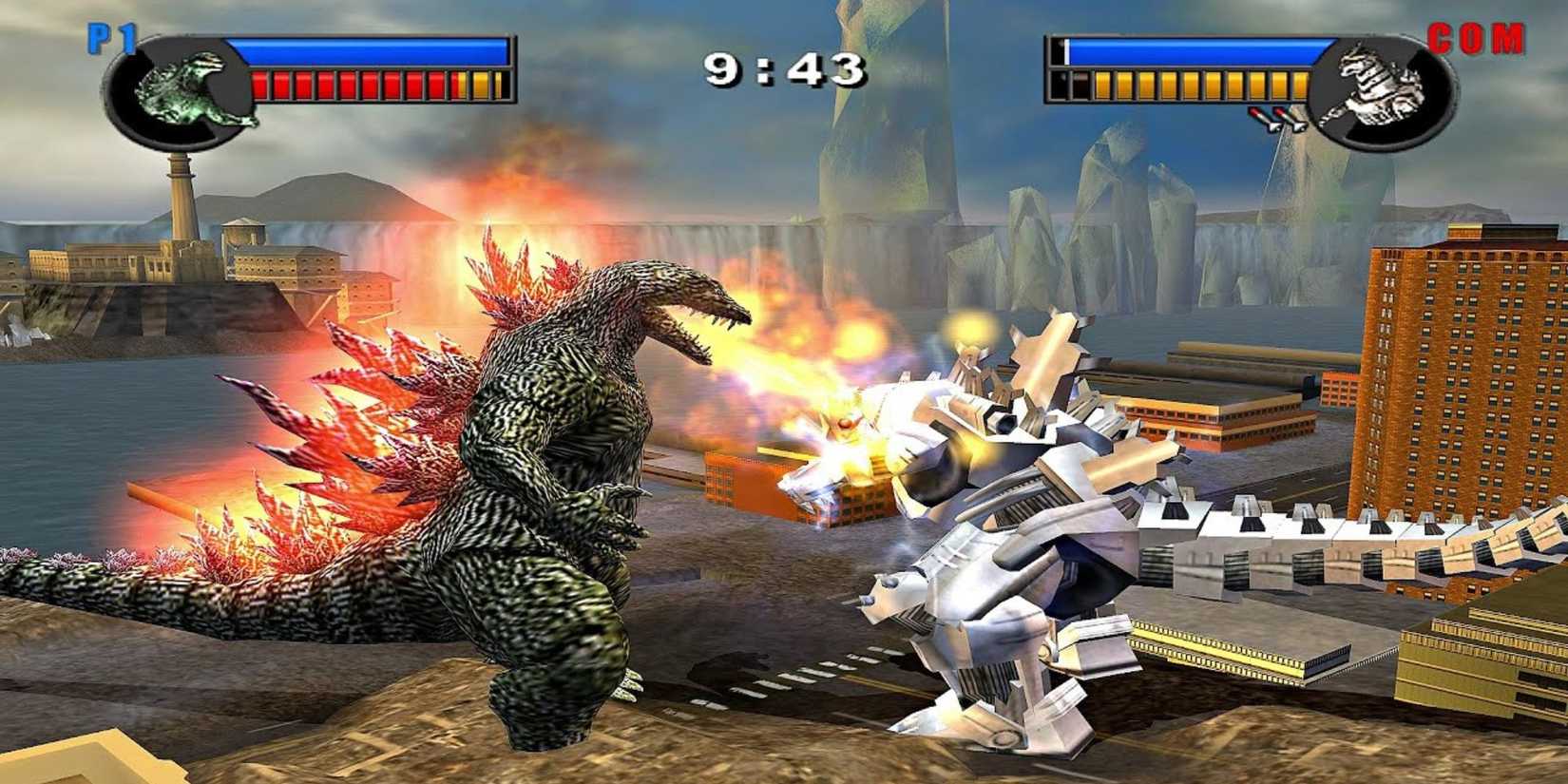 Screenshot from Godzilla: Unleashed with Godzilla fire breathing on Mechagodzilla.