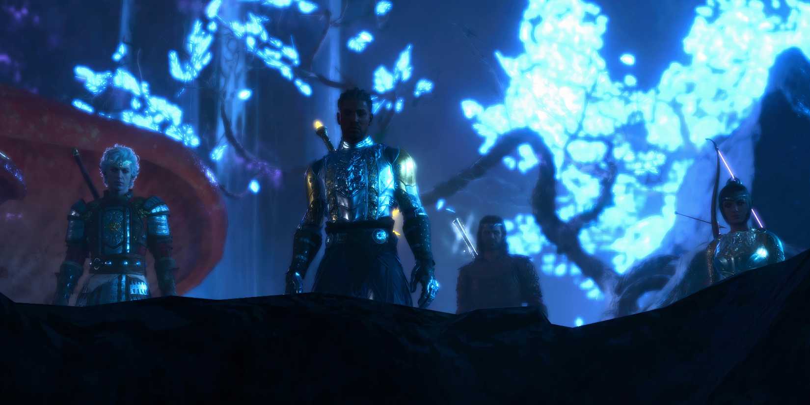 Wyll and the gang look over a cliff in Baldur's Gate 3