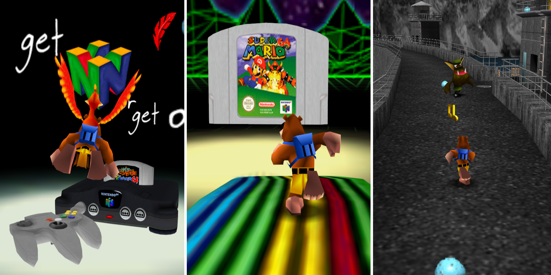 Nostalgia 64 Banjo Kazooie heading towards a Nintendo 64, a super mario 64 cart and towards an enemy in a goldeneye level