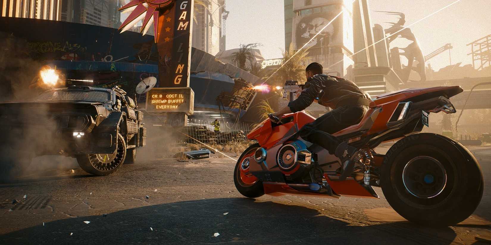 Combat on a motorcycle in Cyberpunk 2077