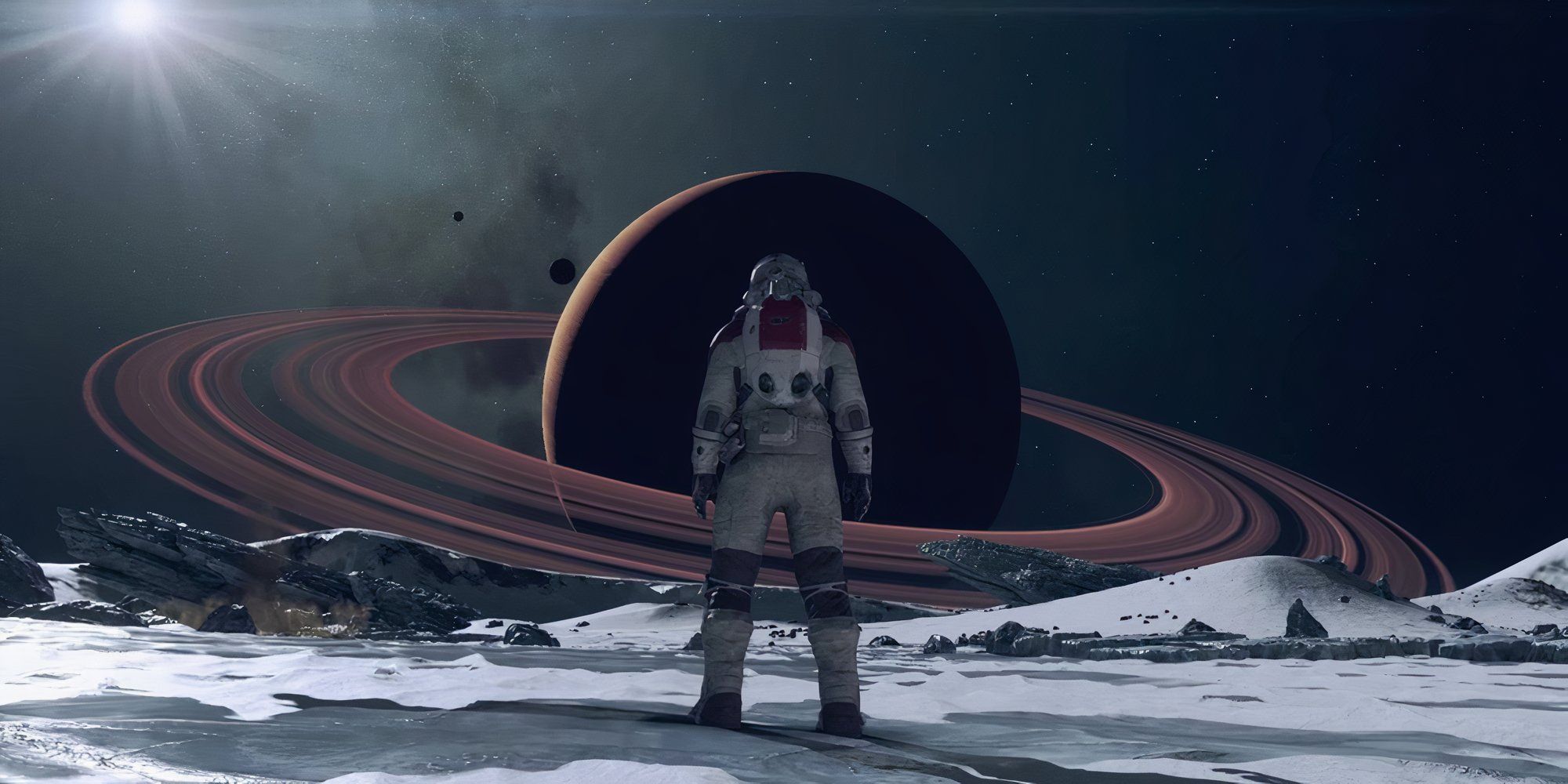 Still from Starfield of an astronaut standing in front of Saturn.