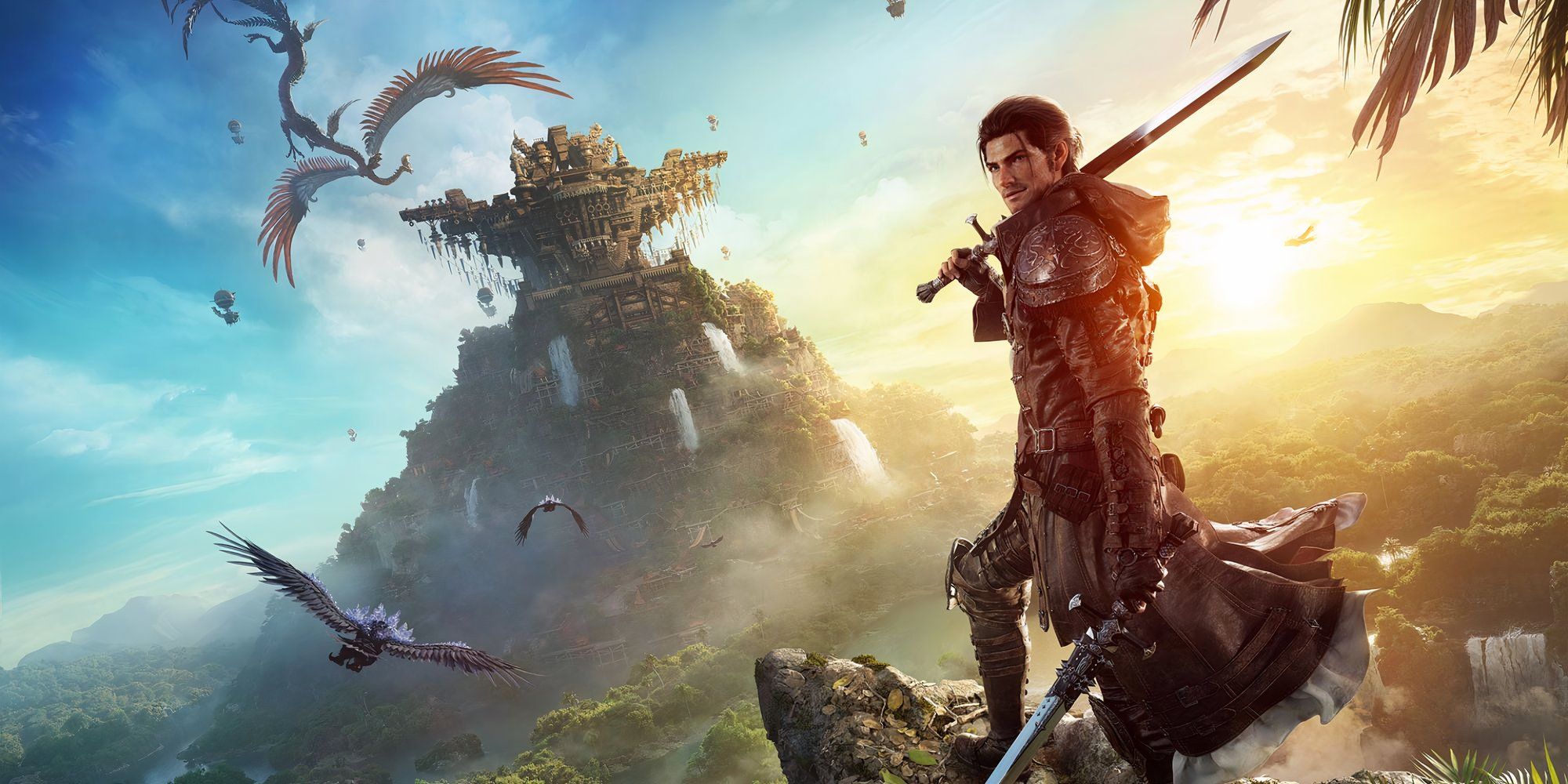 Promotional image for Final Fantasy 14 Dawntrail with the Bringer of Light standing in front of a towering expanse with a sword on his shoulder.