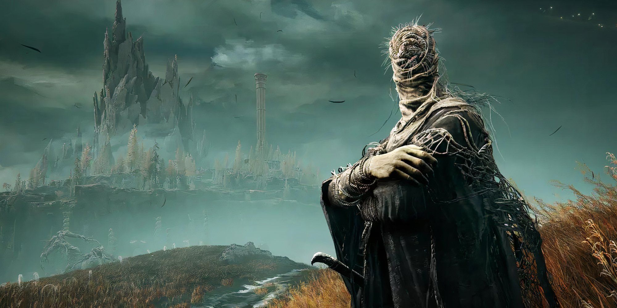 Still from Elden Ring: Shadow of the Erdtree of a masked creature standing next to the lands.