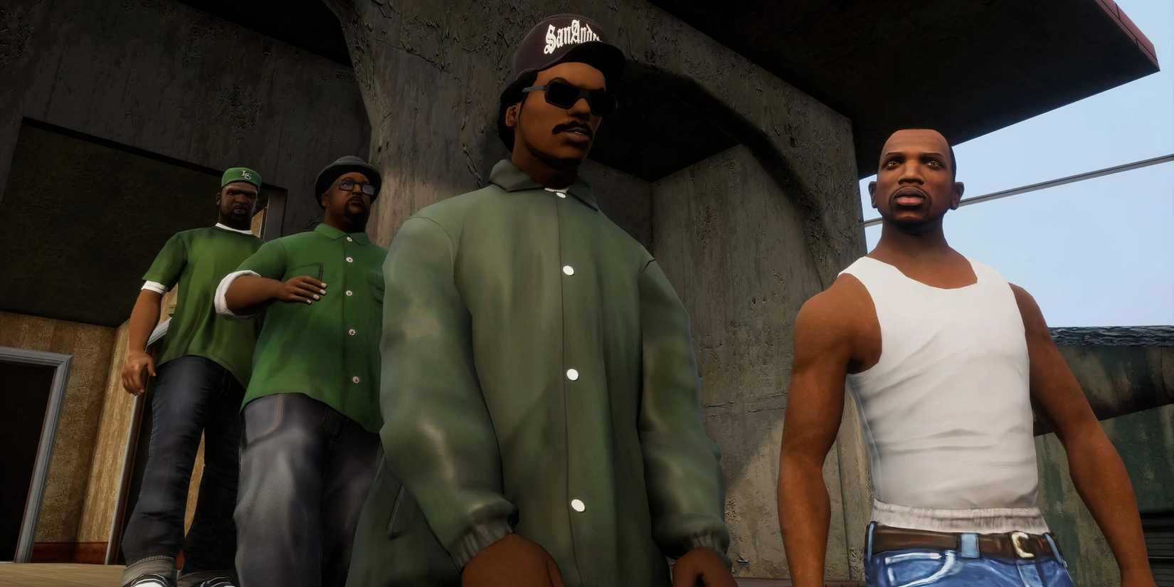 Still from Grand Theft Auto: San Andreas of the protagonists leaving a stone structure.