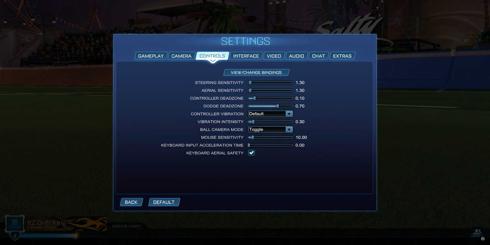 Detailed view of Rocket League's control settings