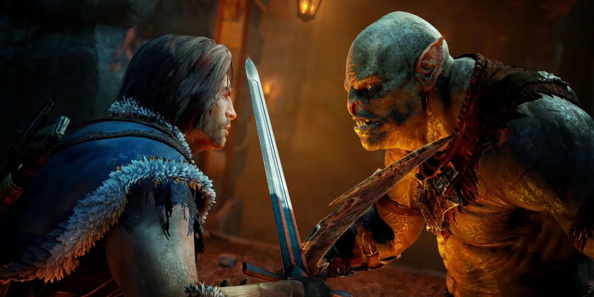 Talion facing off against an orc in Middle Earth: Shadow Of Mordor.