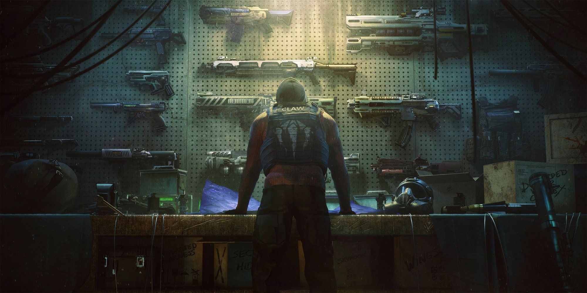 An image showing a character standing in front of a weapons bench