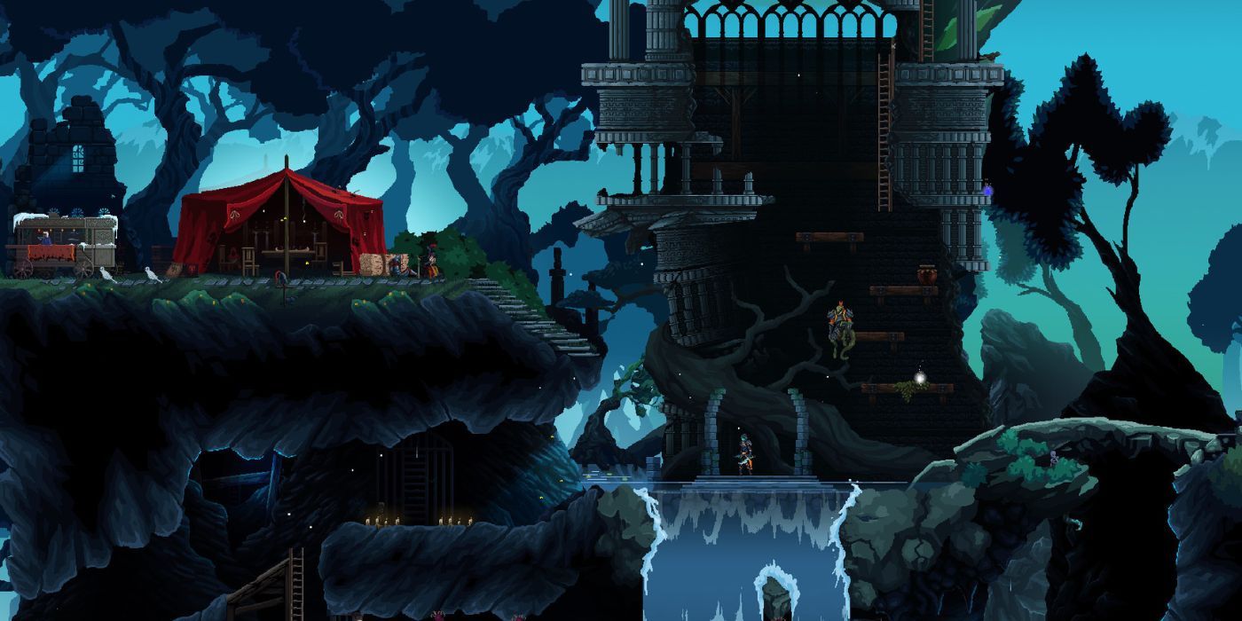 Death's Gambit Screenshot of the main character standing above a waterfall at the base of a tower