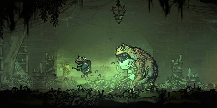 Tails of Iron screenshot of Redgi facing off against a large frog-like creature