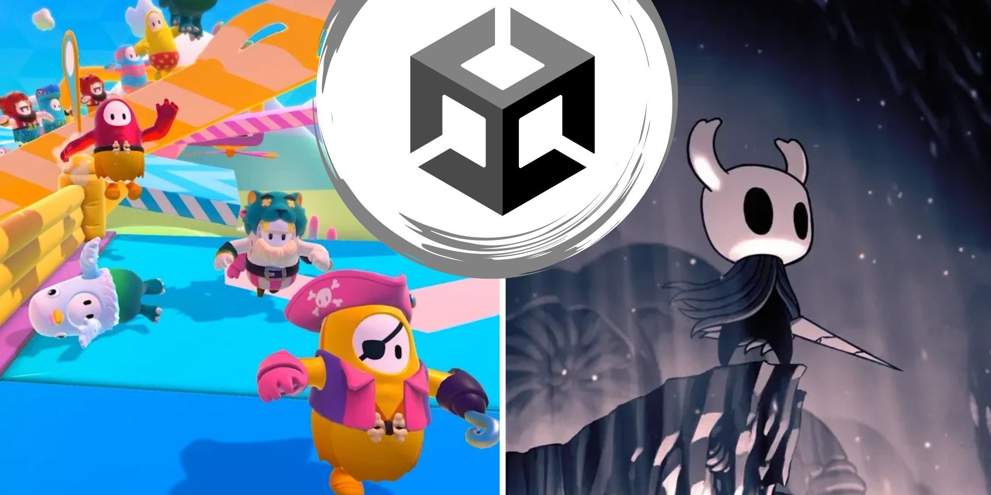 The Unity logo between Fall Guys and Hollow Knight.