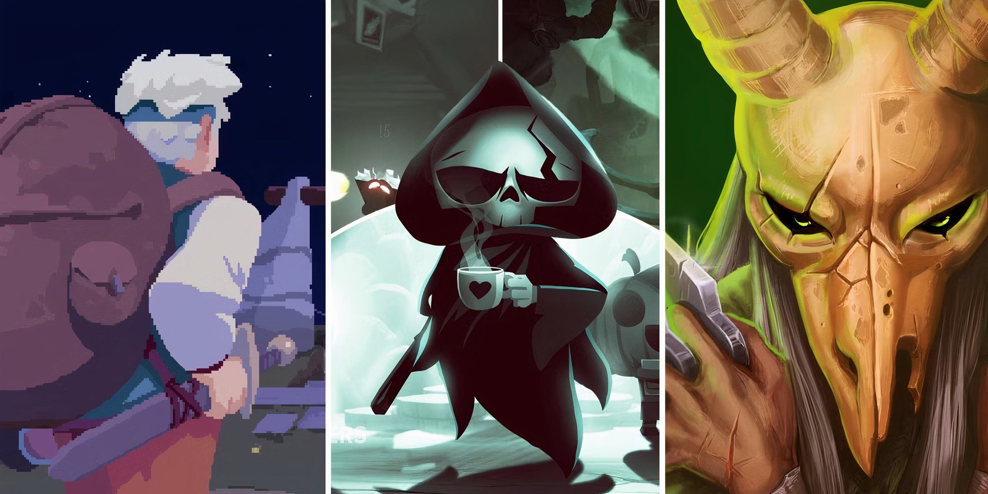 A collage of three roguelike video games available on Game Pass: Moonlighter, Have A Nice Death, and Slay the Spire