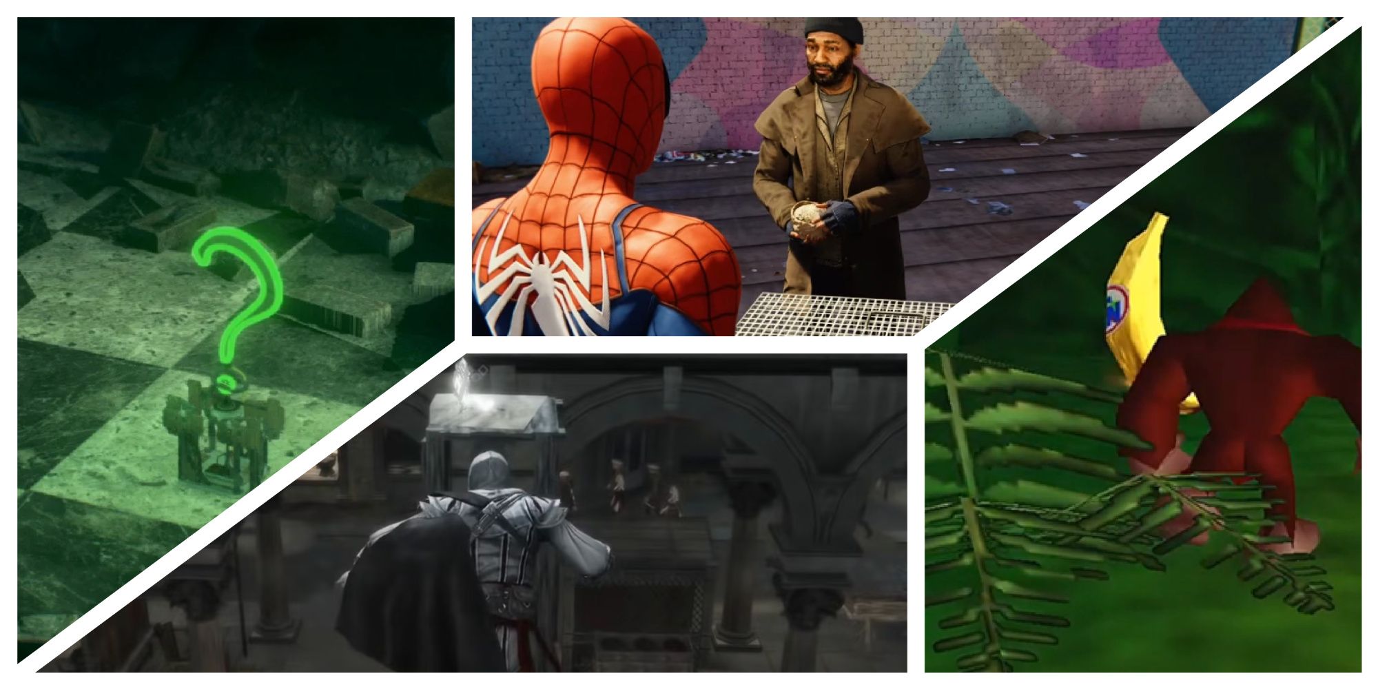 Most Annoying Collectibles in Video Games -- Riddler Trophies from Arkham Knight, Pigeons from Marvel's Spider-Man, Feathers from Assassin's Creed 2, and Golden Bananas from Donkey Kong 64