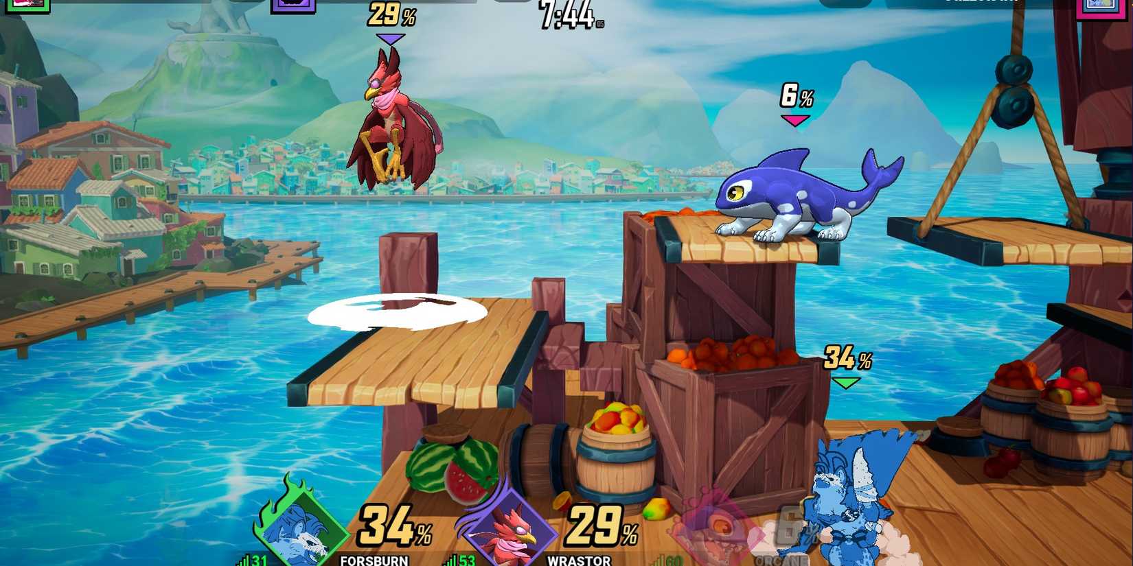 Screenshot of Rivals of Aether 2, on the docks with Wrastor, Orcane, and Forsburn fighting.