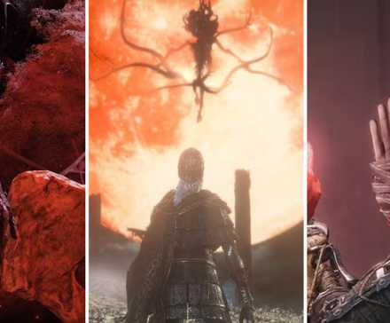 A collage of Soulsborne games: Elden Ring, Bloodborne, and Sekiro