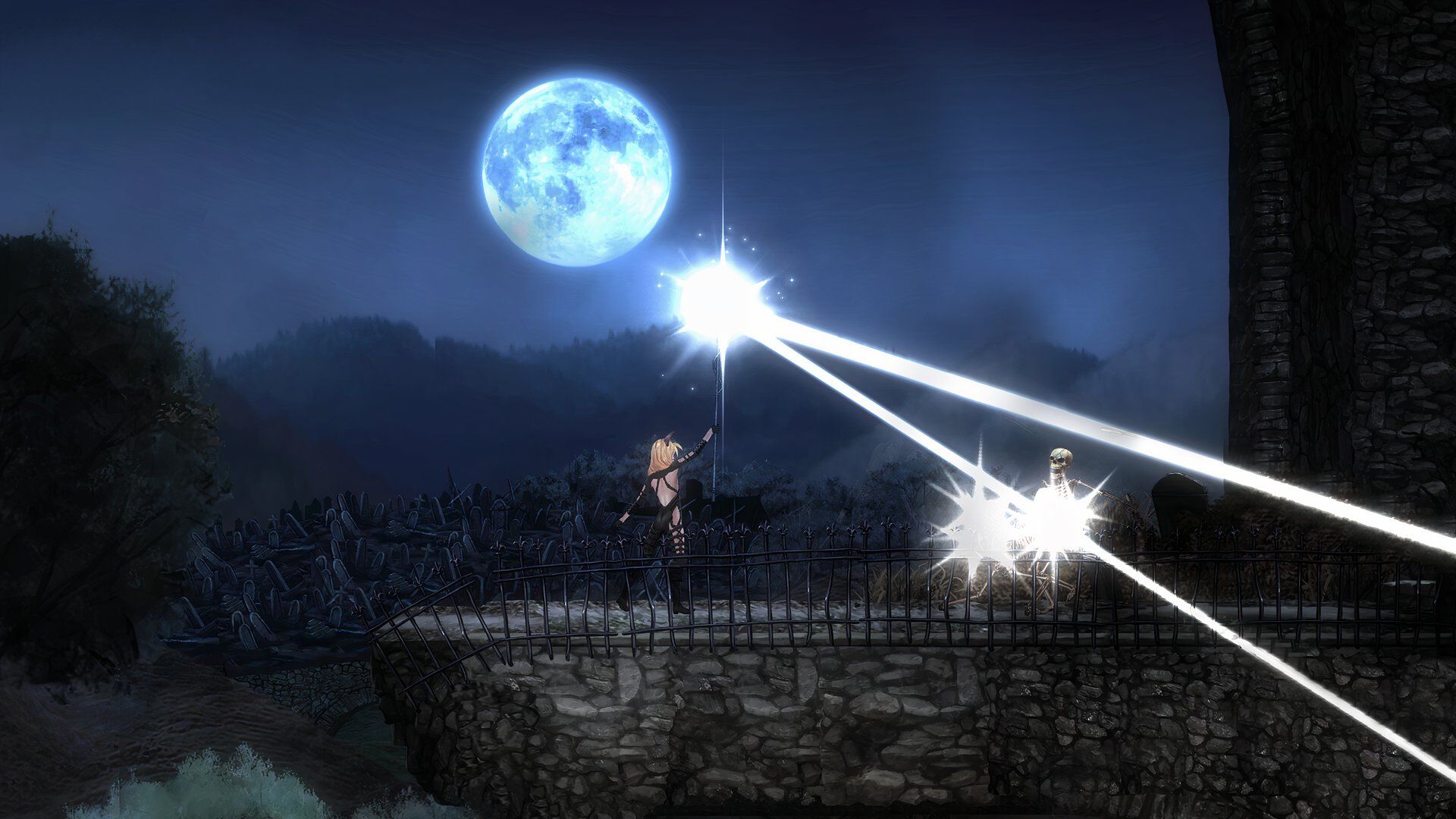 An image of the character of the video game Vigil: The Longest Night fighting against a skeleton