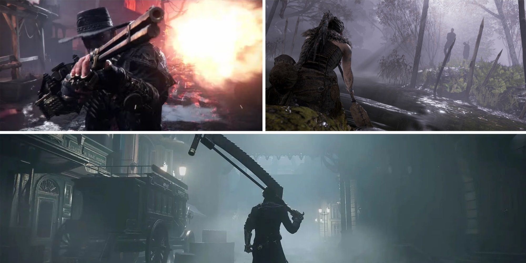 A collage with images of AA Games on Game Pass: Evil West, Hellblade: Senua's Sacrifice, and Lies of P