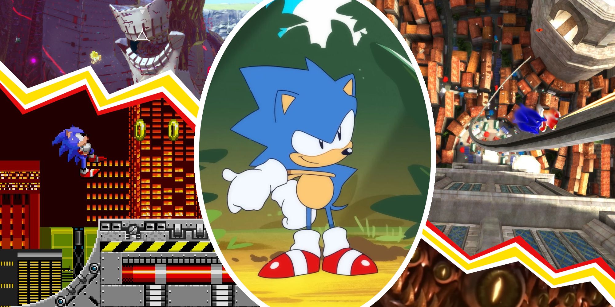 Thumbnail for the Best Sonic Games list, featuring Sonic 2, Sonic Frontiers, Sonic Generations, Sonic Mania and Sonic Unleashed.