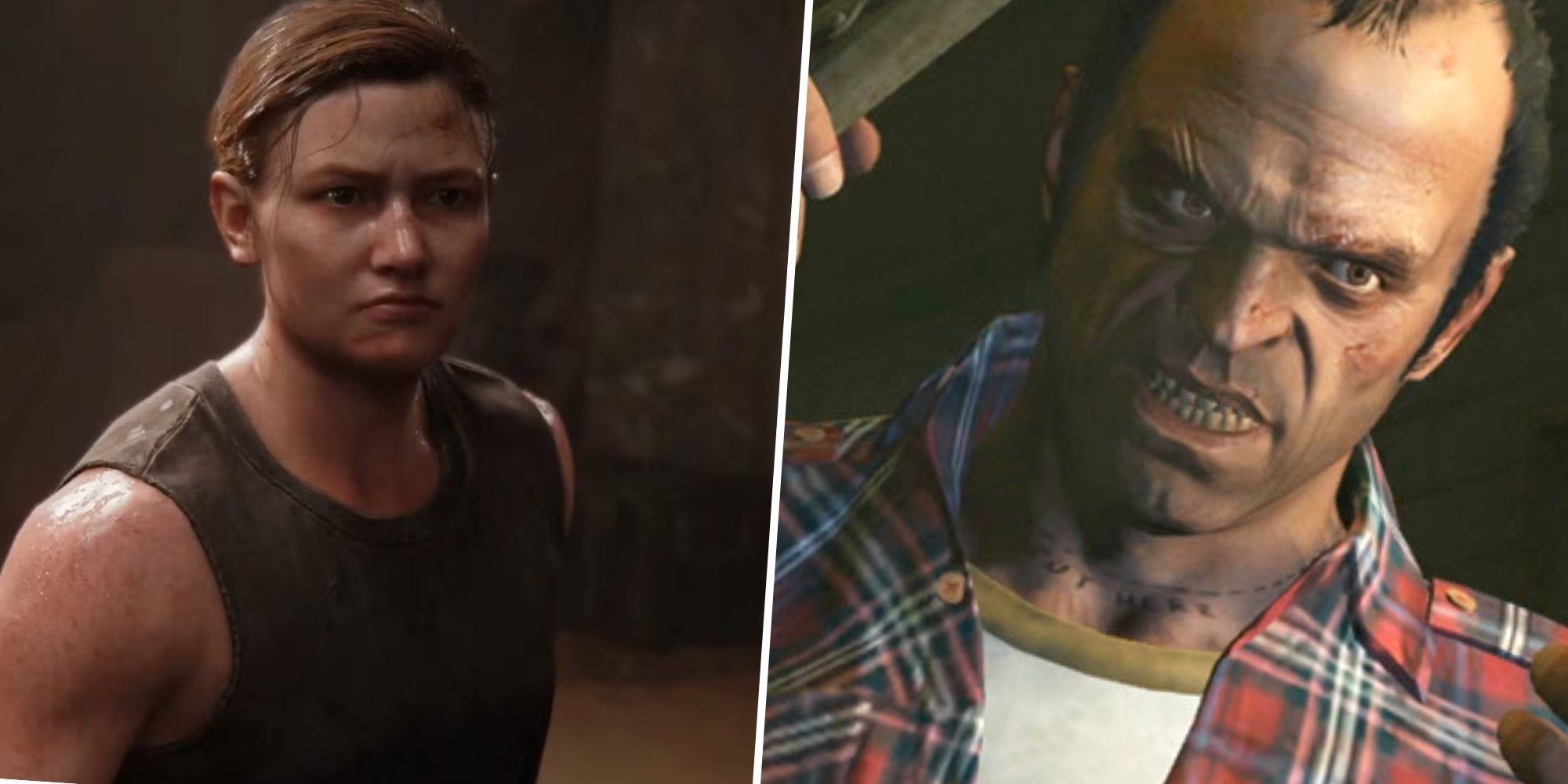 Split Image of Abby from TLOU 2, and Trevor from GTA V