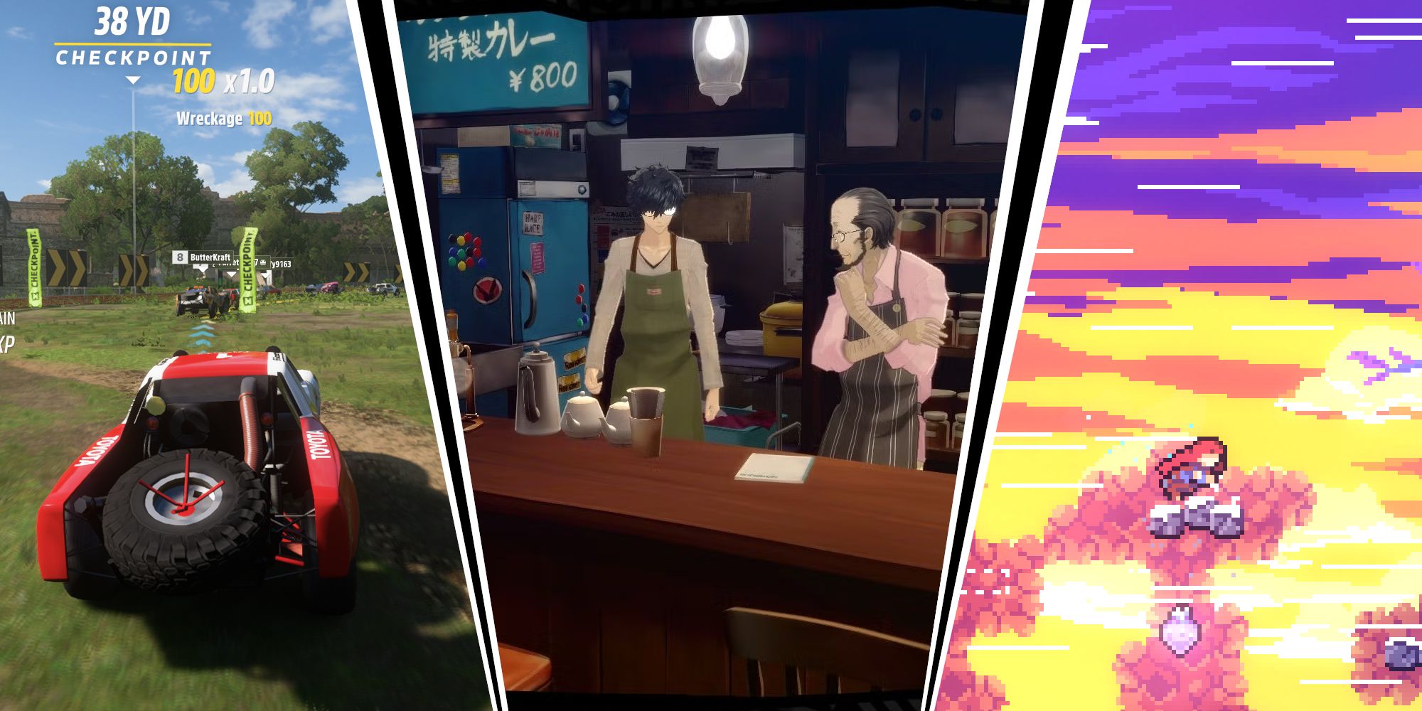 Thumbail for the Games that Teach Real Life Skills article, featuring Forza Horizon 5, Persona 5, and Celeste