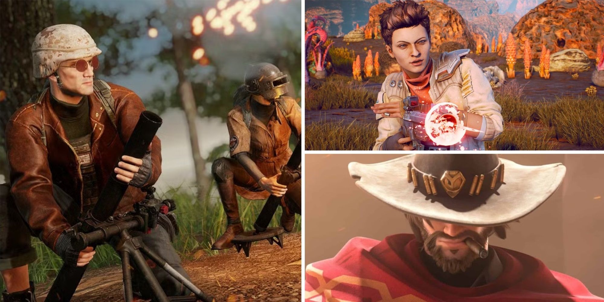 A collage of images featuring PUBG: Battlegrounds, The Outer Worlds, and Overwatch