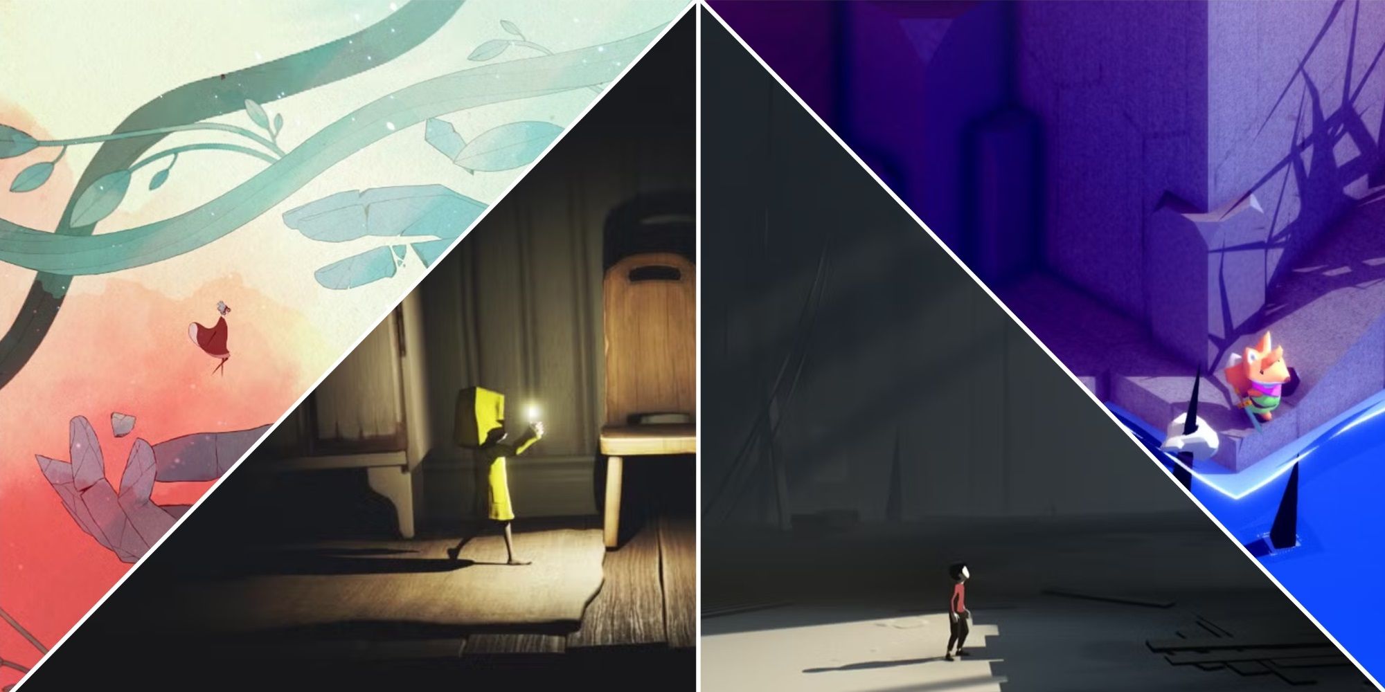 A collage of amazing games with no dialogue: GRIS, Little Nightmares, INSIDE, and Tunic