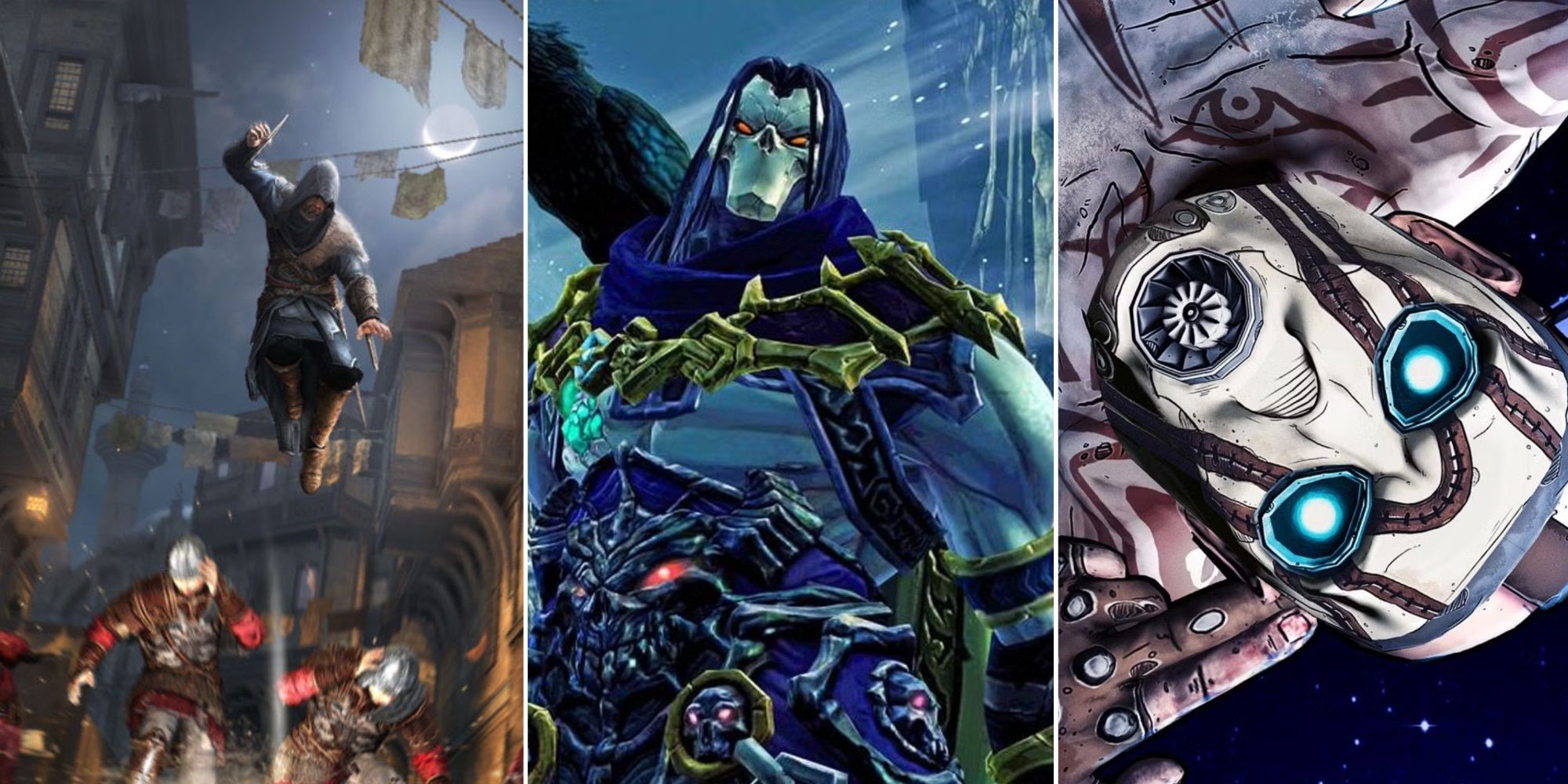 A collage of some of the best video game trilogies: Ezio's Trilogy, Darksiders, and Borderlands