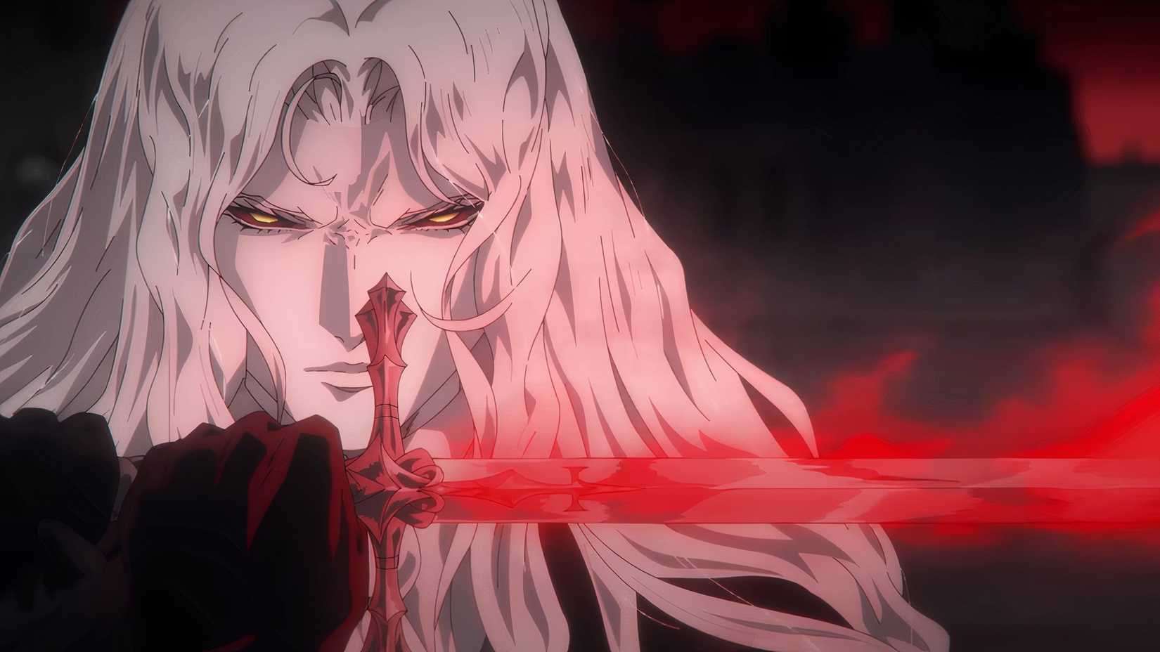 Alucard from Castlevania holds a flaming sword.