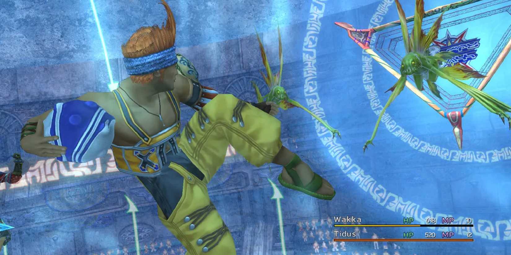 Wakka shoots on the goal in the blitzball arena in Final Fantasy X.