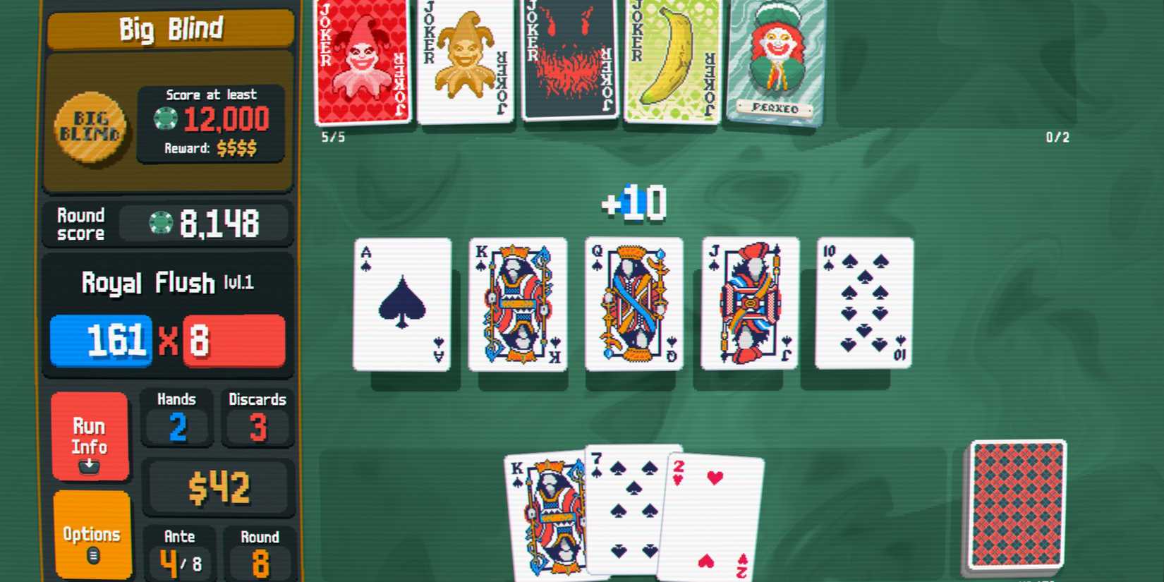 A game of Balatro being played mid-round