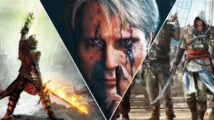 A collage of Open World Games With Amazing Side Quests: Dragon Age: Inquisition, Death Stranding, and Assassin's Creed 4: Black Flag