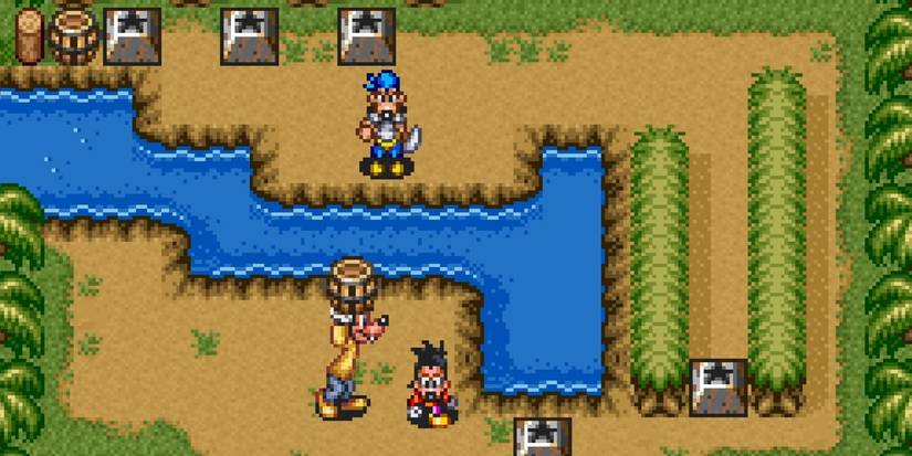 Goofy holds a barrel in Goof Troop