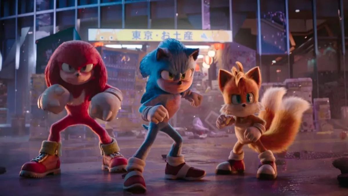 Sonic the Hedgehog next to Knuckles and Tails in the franchise's third installment.