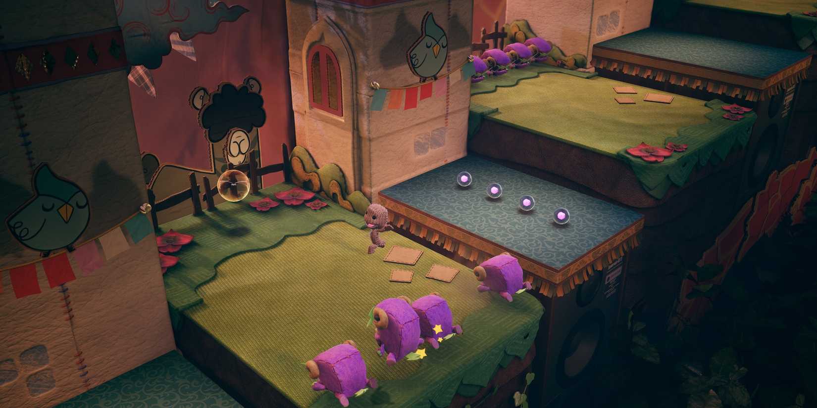 Sackboy runs down stairs in Sackboy: A Big Adventure