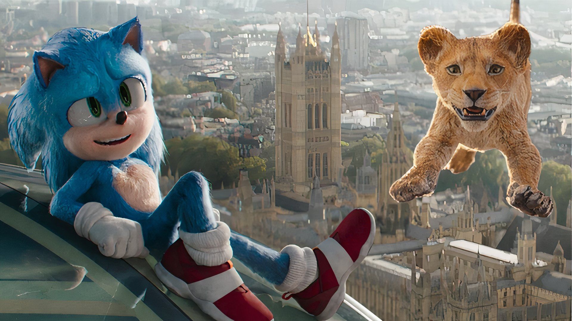 A collage of Sonic and lion cub Mufasa