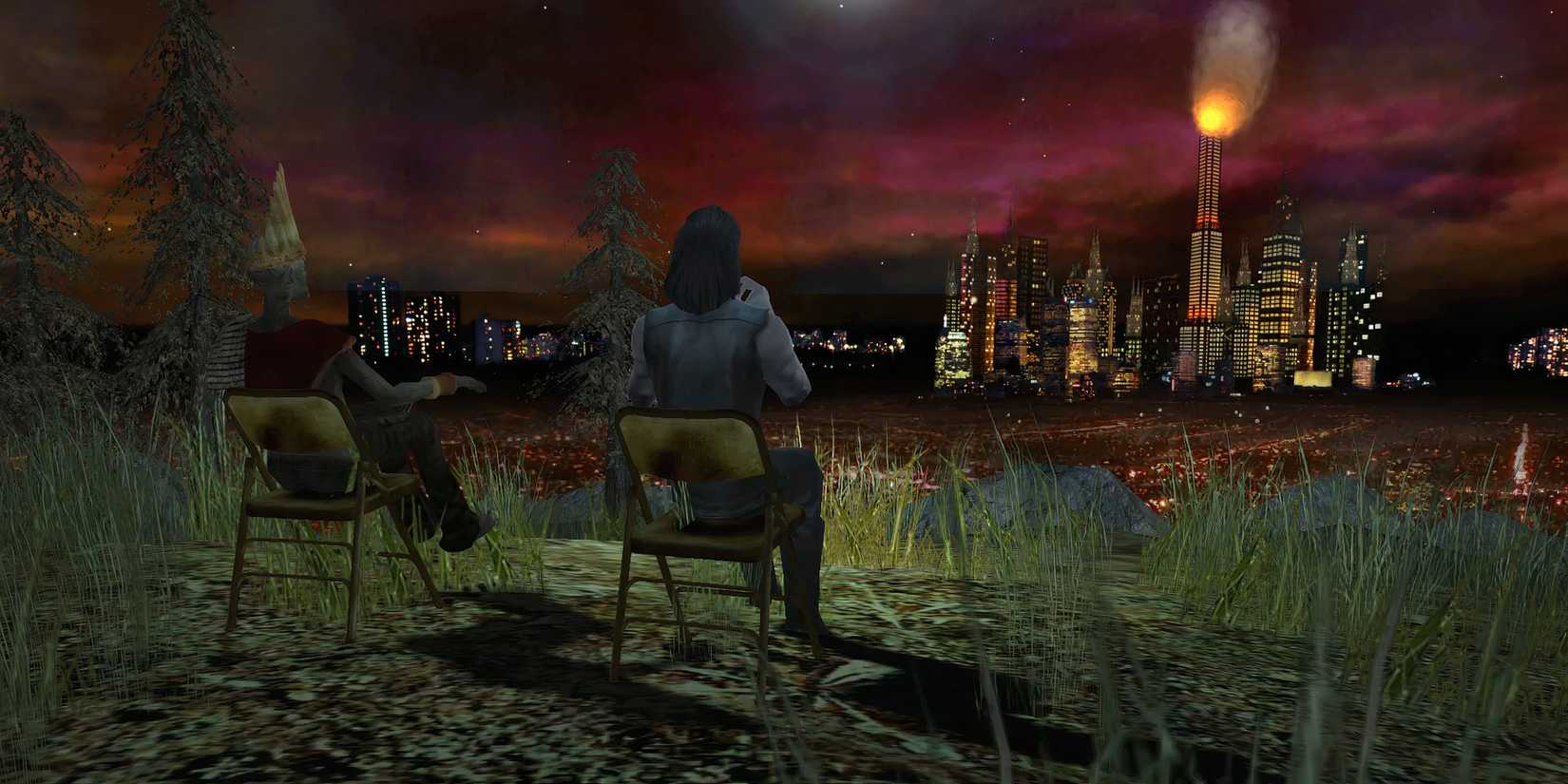 A screenshot of the ending explosion sequence from Vampire: The Masquerade - Bloodlines.