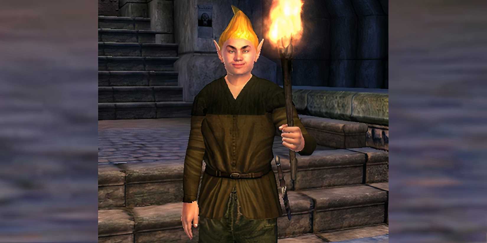 adoring fan from elder scrolls iv oblivion with fire torch standing around stairs outside