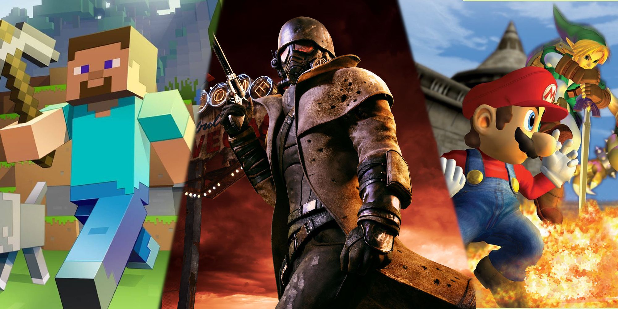 Thumbnail for the Best Buggy Games list, featuring Minecraft, Fallout New Vegas, and Super Smash Bros. Melee