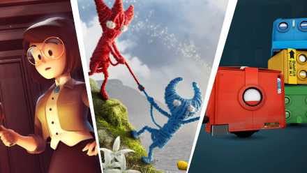 Thumbnail for the Best Co-op Puzzle Games list, featuring Escape Simulator, Unravel 2, and Death Squared