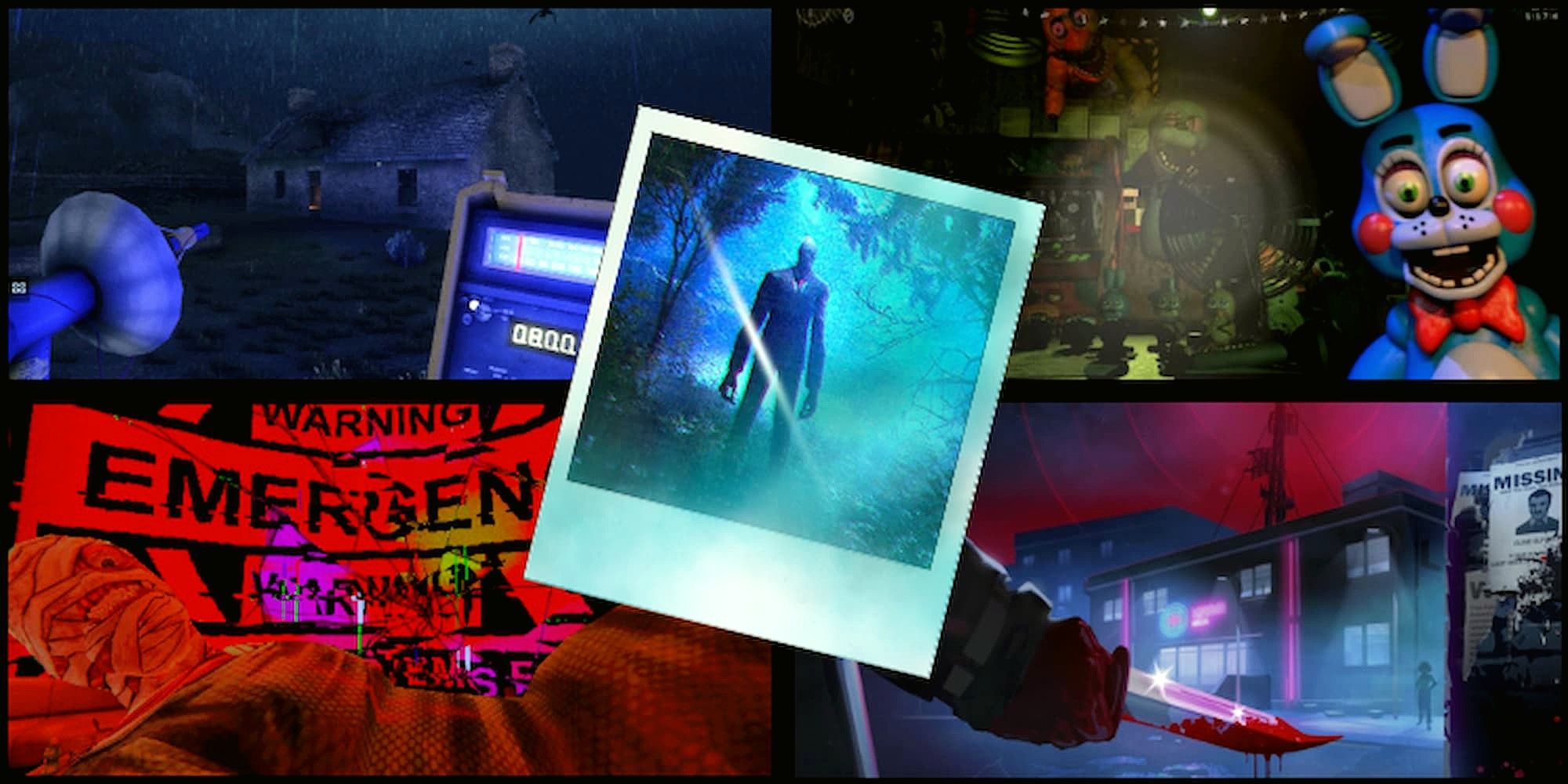 Best Horror Games with no Combat Collage with Chasing Static, Five Nights at Freddy's Ultimate Custom Night, Mouthwashing, and Slender The Arrival