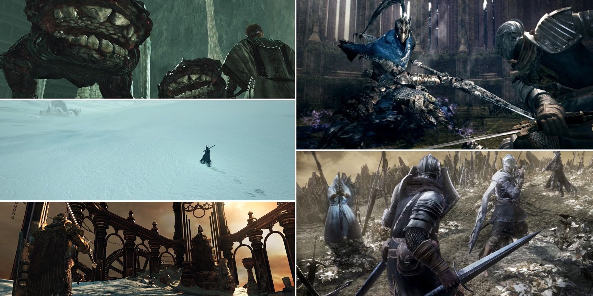 A collage of Soulsborne DLCs: The Crowns from Dark Souls 2, Artorias of the Abyss from Dark Souls, and Ashes of Ariandel from Dark Souls 3